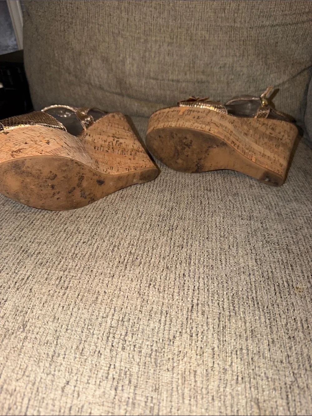 Womens Bakers Brown Cork Wedge Sandals with Gold Snakeskin Textured Straps size8